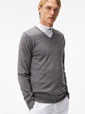J. Lindeberg Lymann True Merino Wool Grey Melange V-Neck Sweater XL